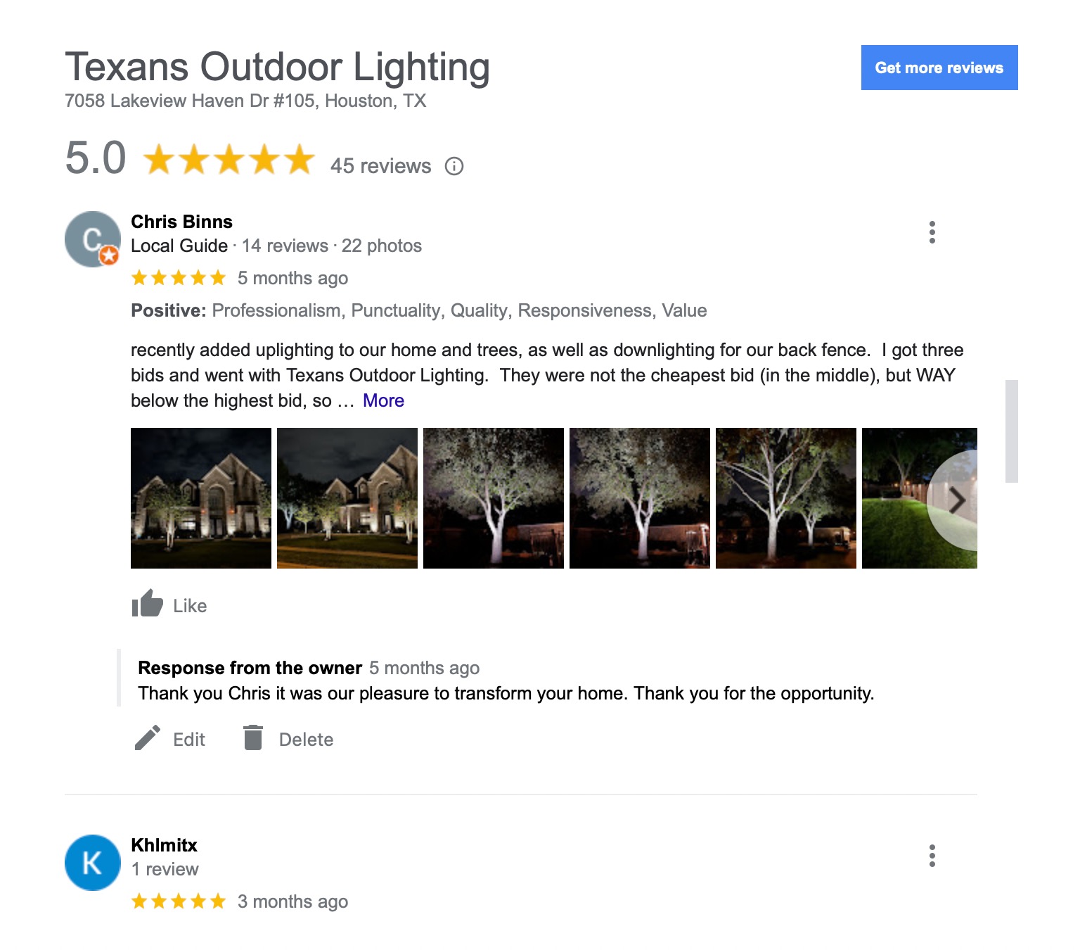 Texans Outdoor Lighting Google Reviews